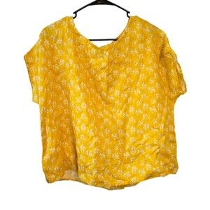 Cynthia Rowley Yellow Floral Linen Blouse Size Medium Wooden Buttons Lagenlook